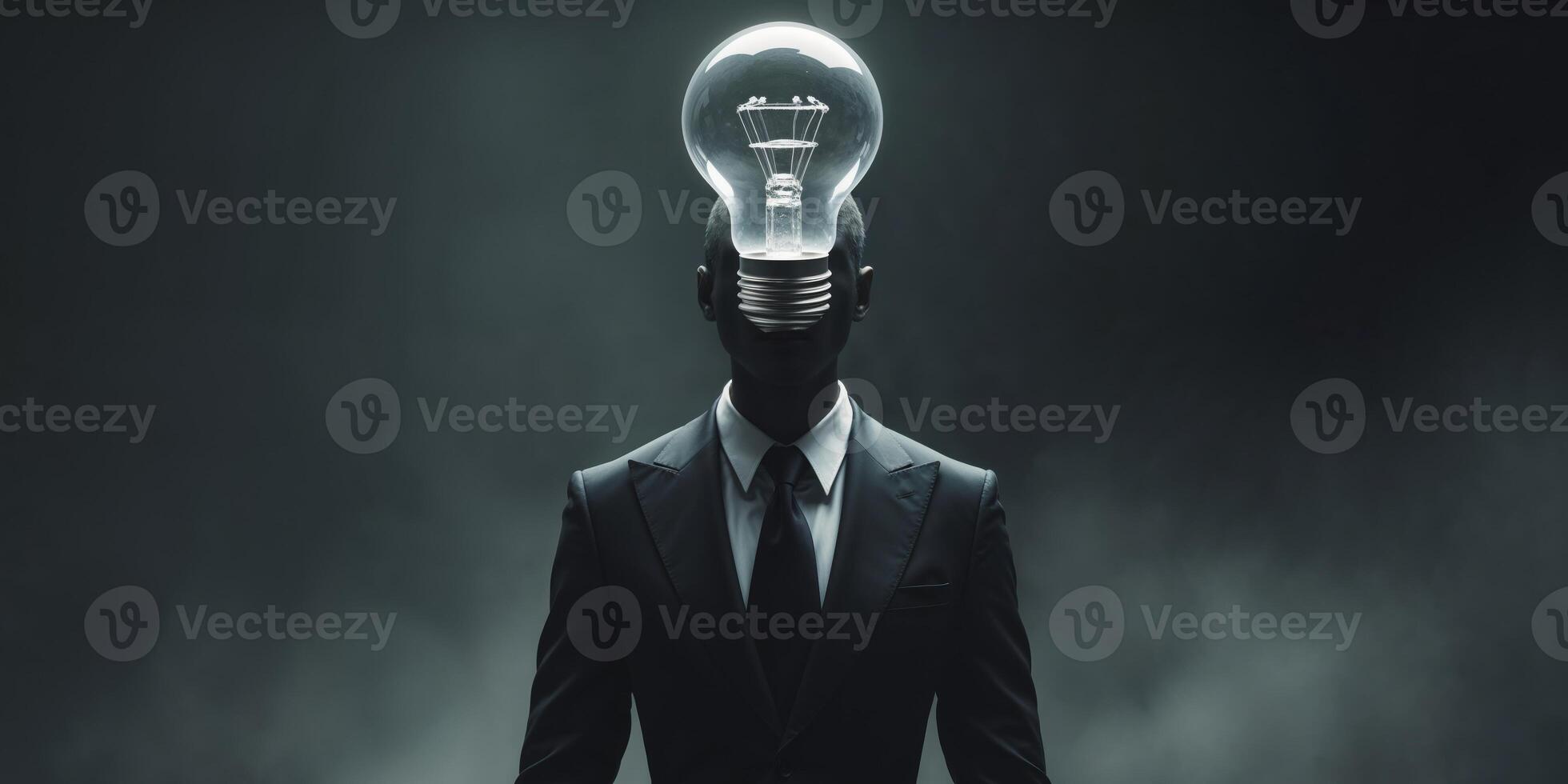 Person in a suit with a light bulb for a head symbolizing creativity and ideas in a dark setting photo