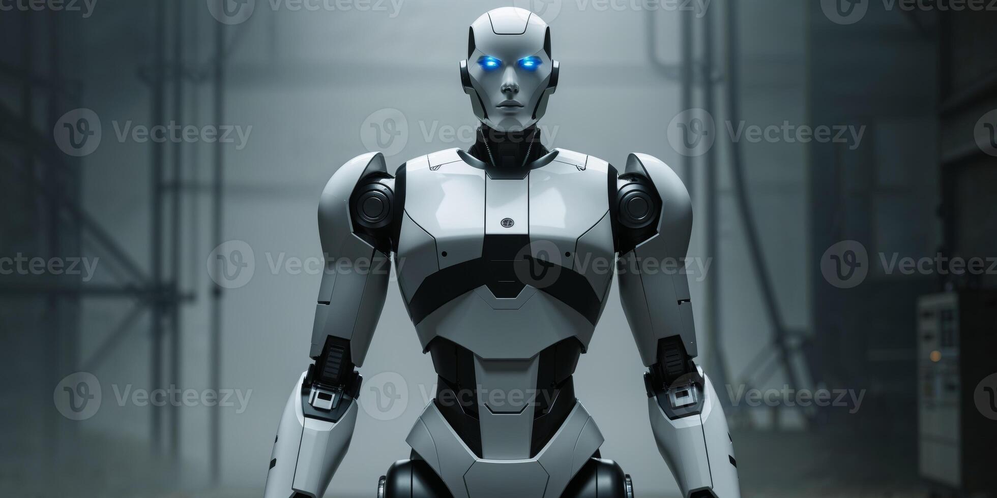Powerful White And Black Robot Stands Tall. photo