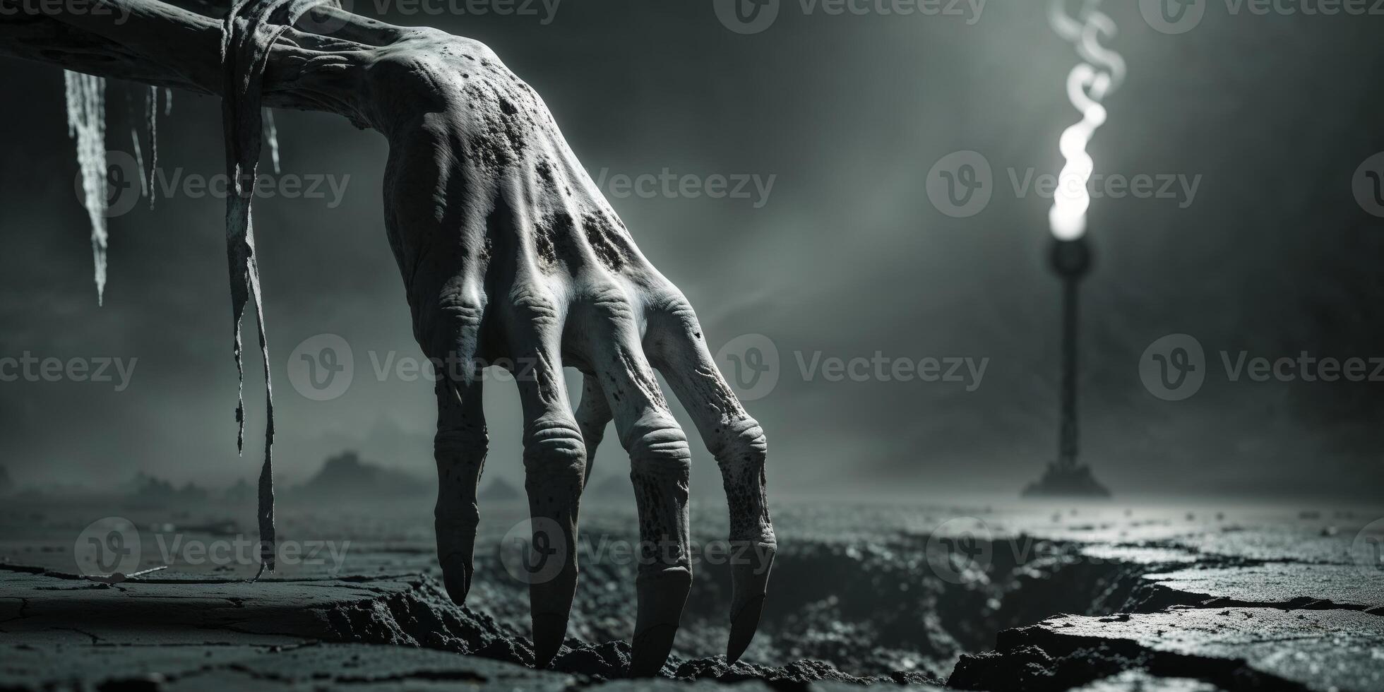 Reaching Zombie Hand Rising From Ground in Spooky Dark Setting. photo
