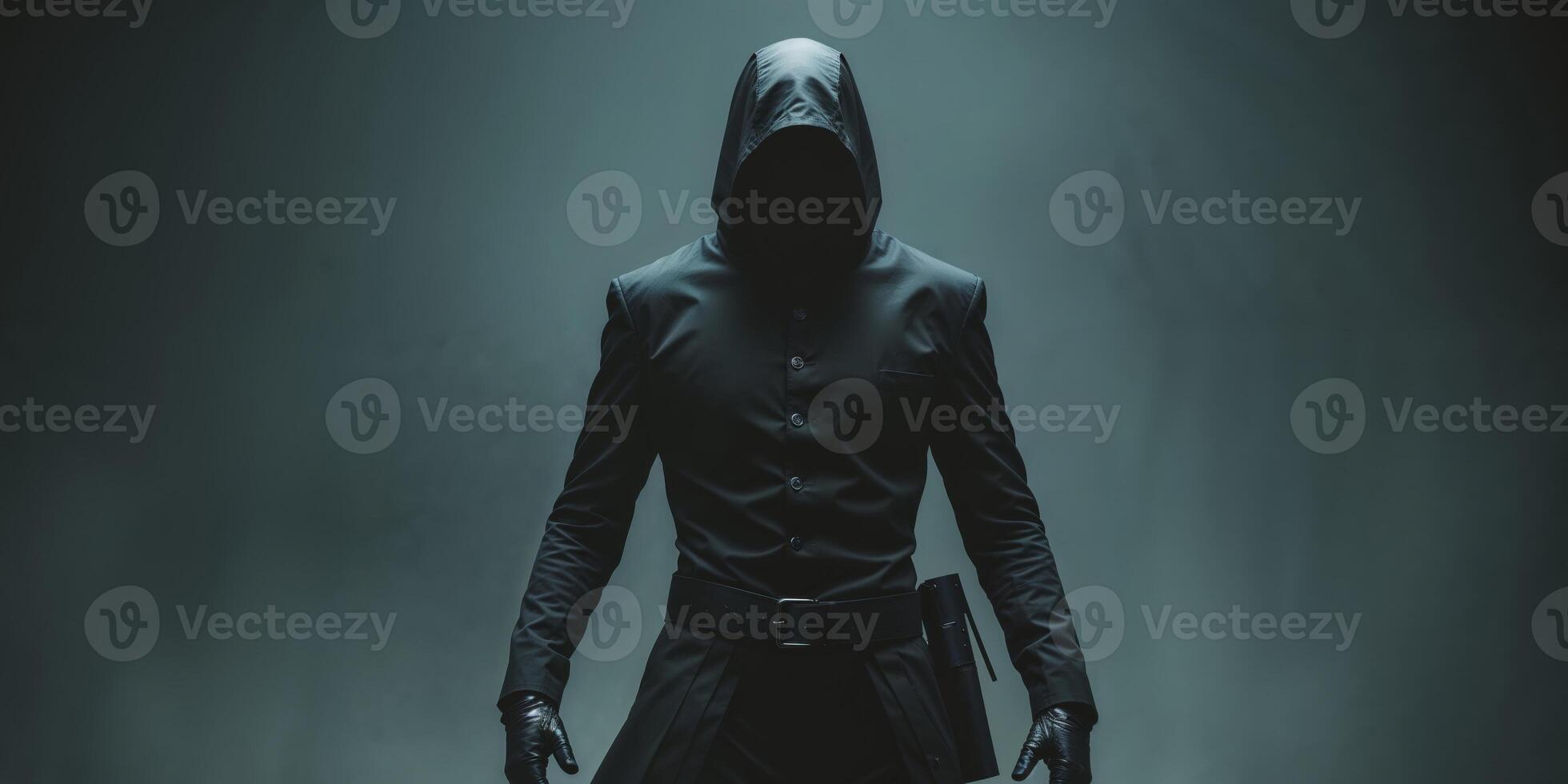 Mysterious figure in black attire prepares for action in dimly lit setting. photo