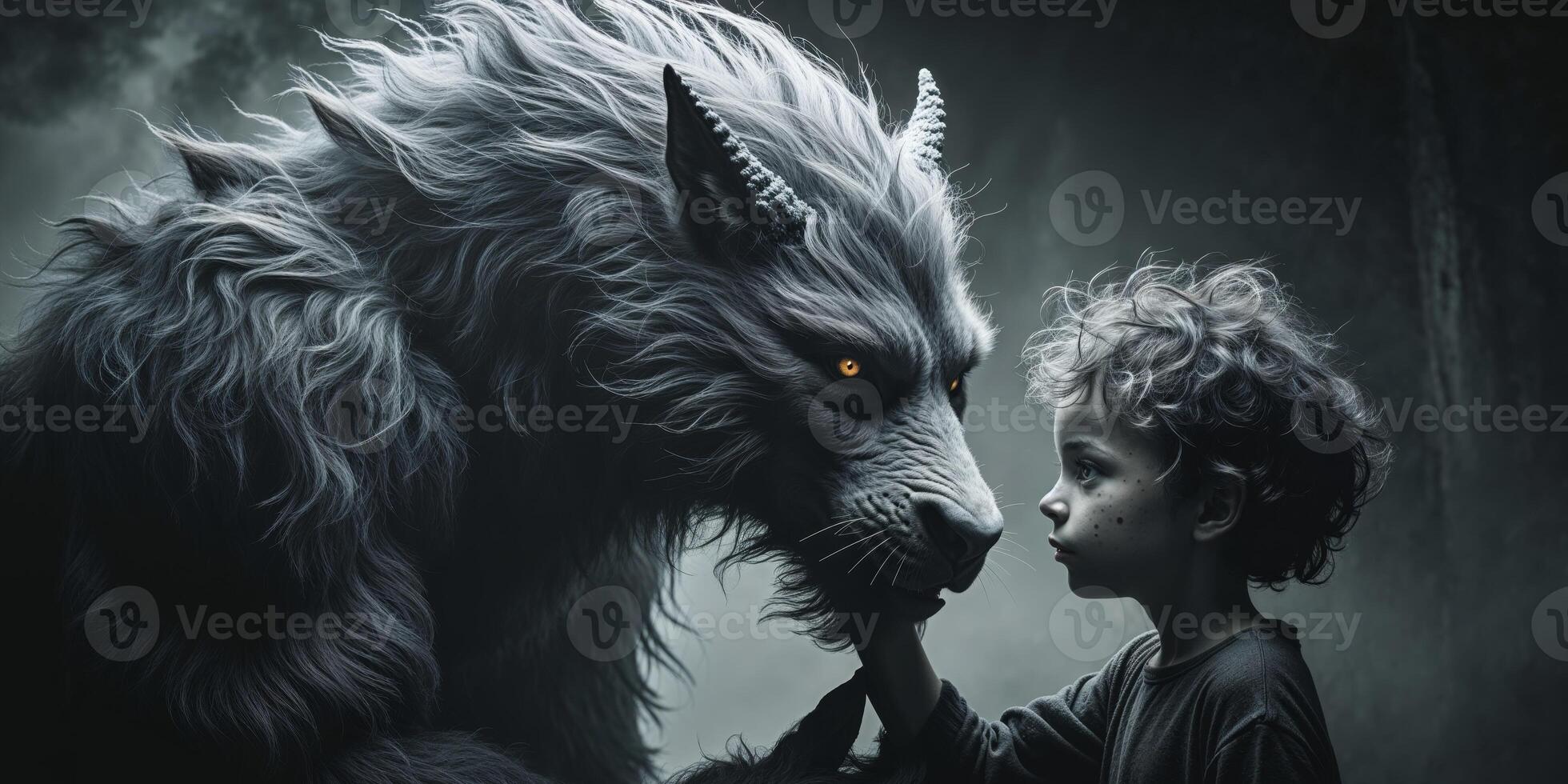Mysterious Beast and Child in a Dark Setting photo
