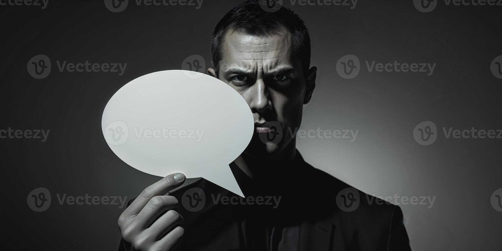 Man Holding Blank Speech Bubble with Serious Expression on Black Background photo