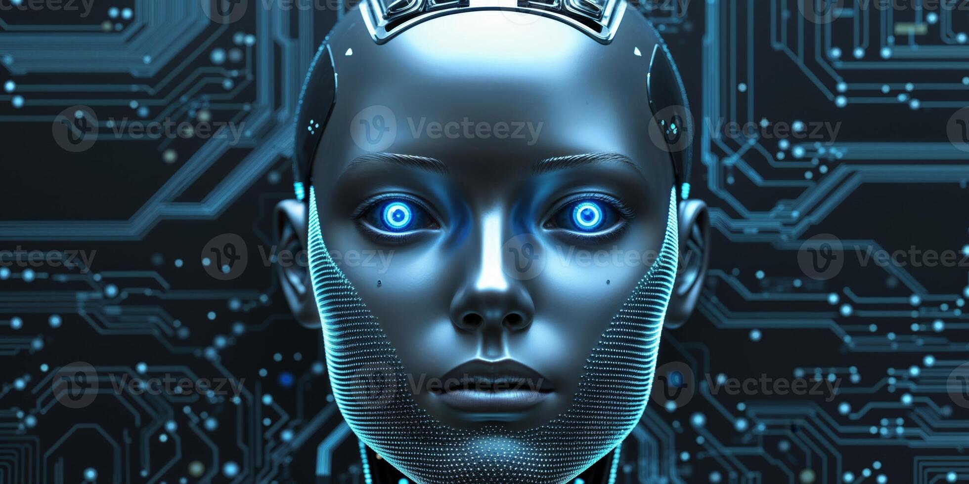 Robot Head Technology and Artificial Intelligence Concept with Circuit Background. photo