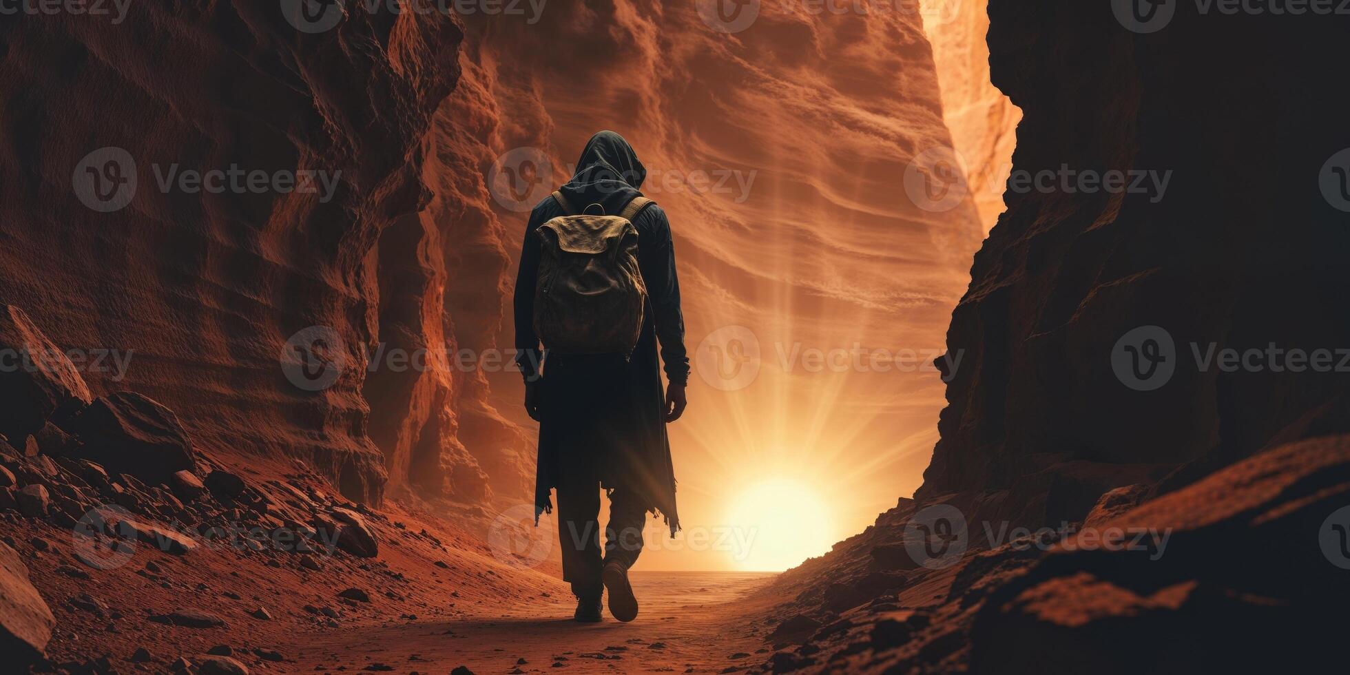 Mysterious figure walking through a dark narrow canyon with glowing light ahead. photo