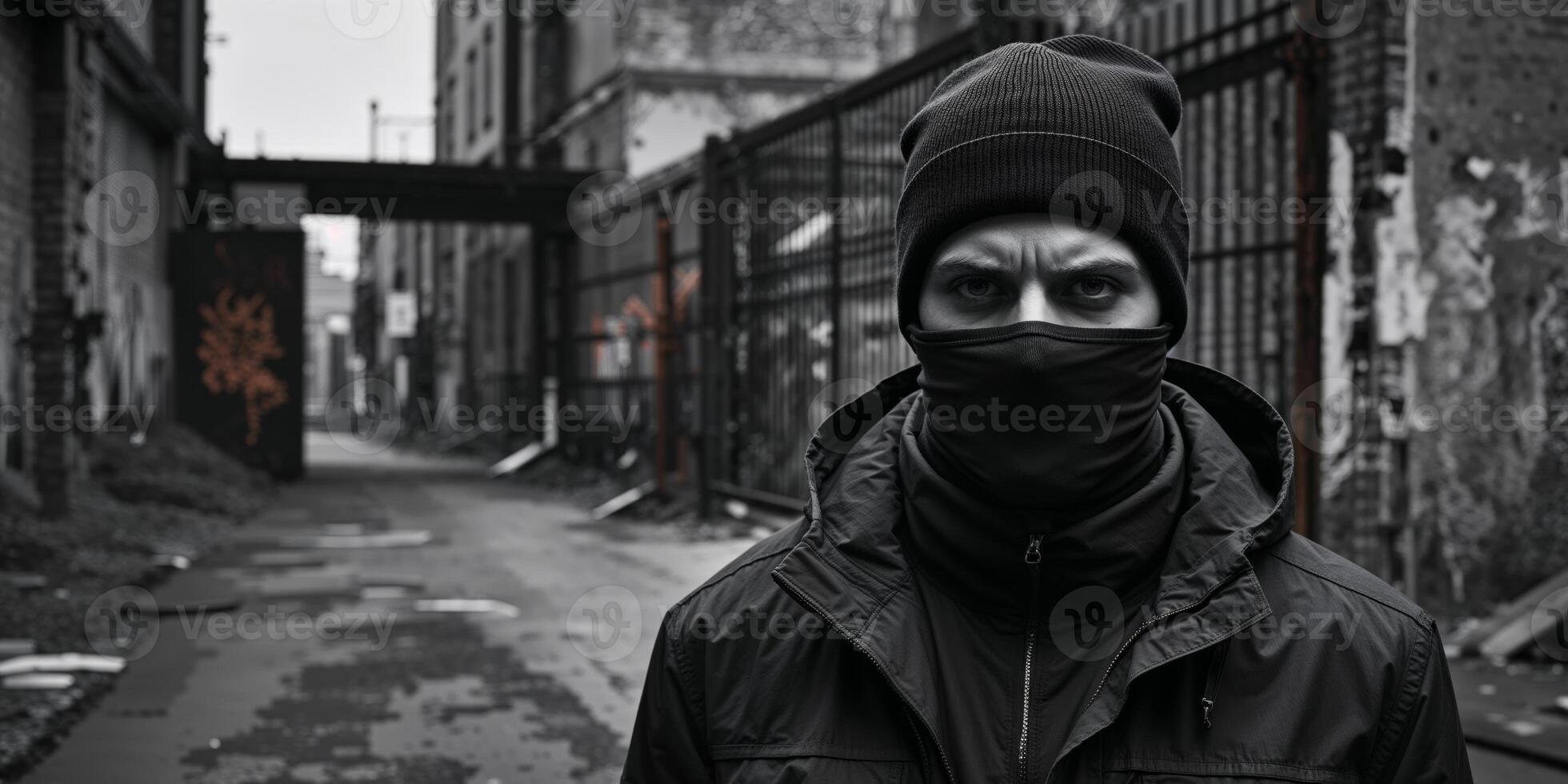 Man wearing dark beanie and face covering in urban setting. photo
