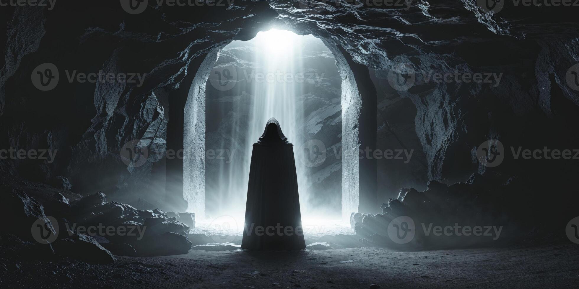 Mysterious figure standing before a glowing portal in a cave setting at twilight. photo