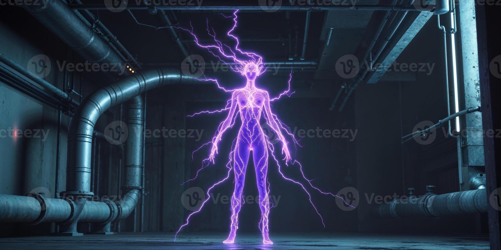 Glowing purple lightning figure in a futuristic industrial setting photo
