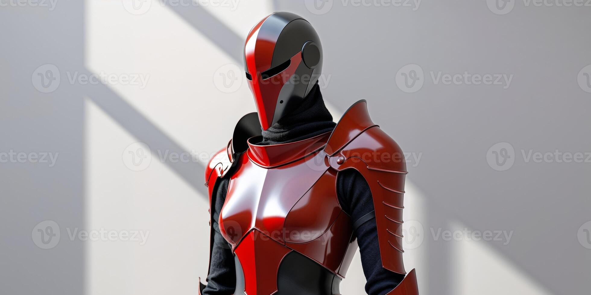 Futuristic Knight in Red and Black Armor. photo