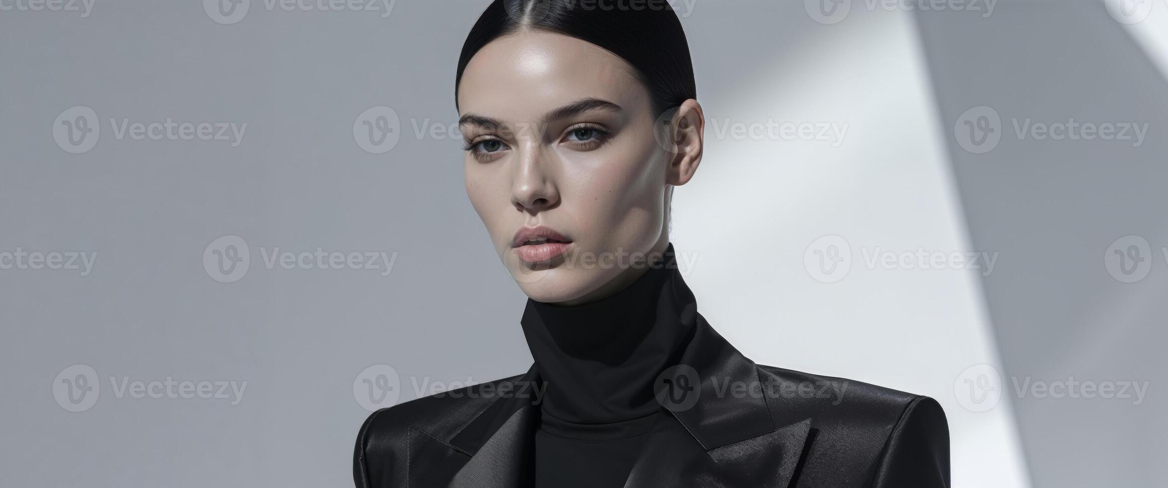 Female model in black outfit walking confidently on runway. photo