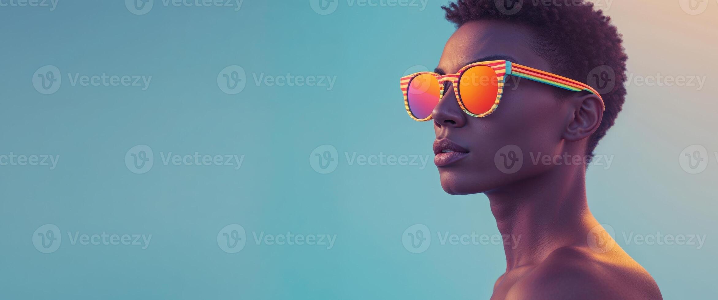 Dog Days of Summer Sun Protection with Sunglasses and Stripes on Blue Backdrop for Advertising. photo