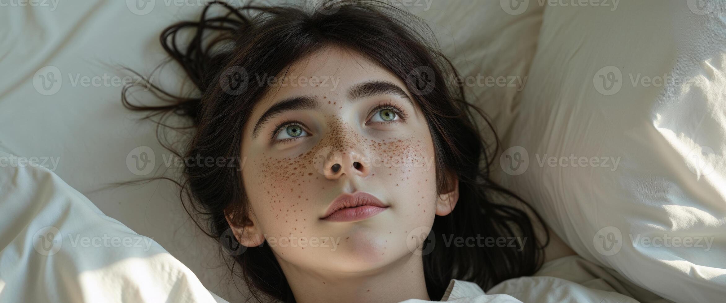 Freckled Teen Girl With Green Eyes Resting In Bed. photo