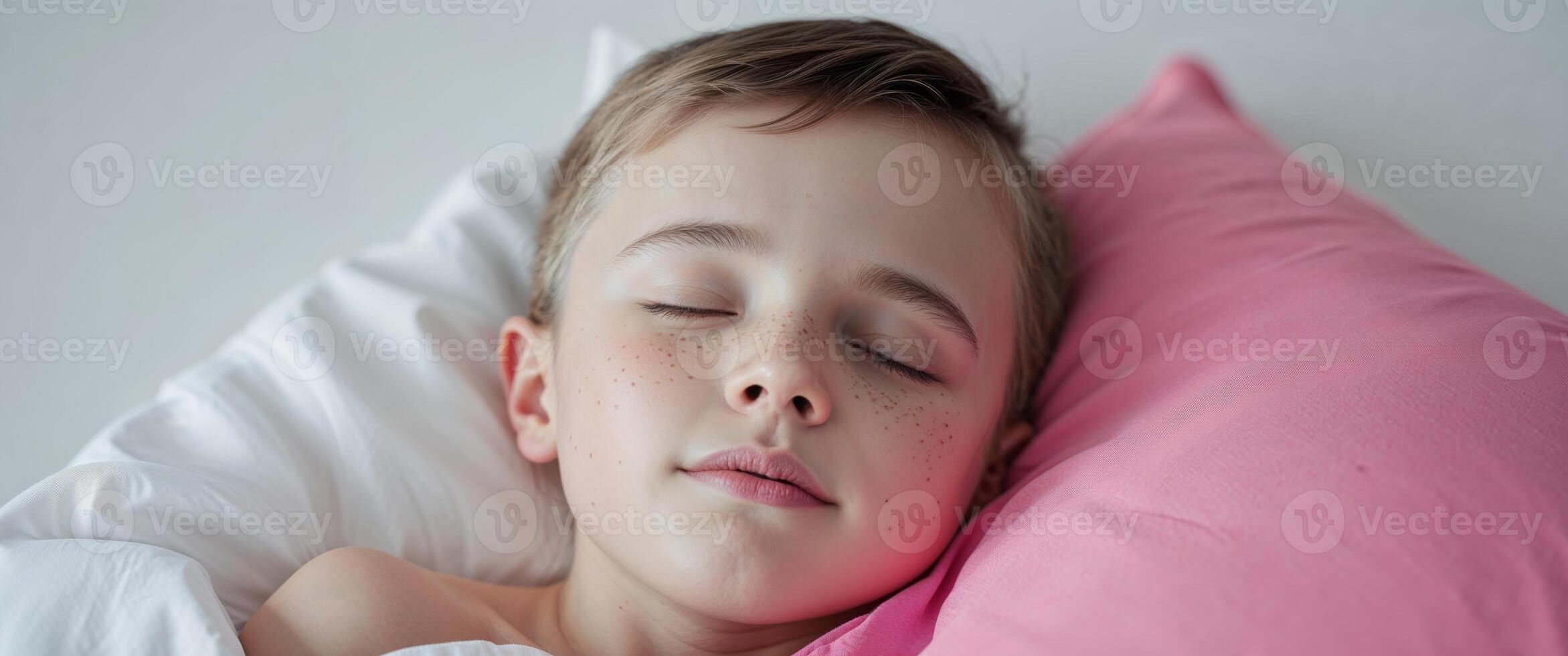 A young boy sleeping on a pink pillow photo