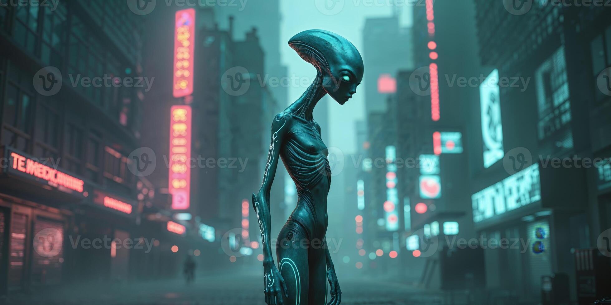 An alien standing in the middle of a city street photo