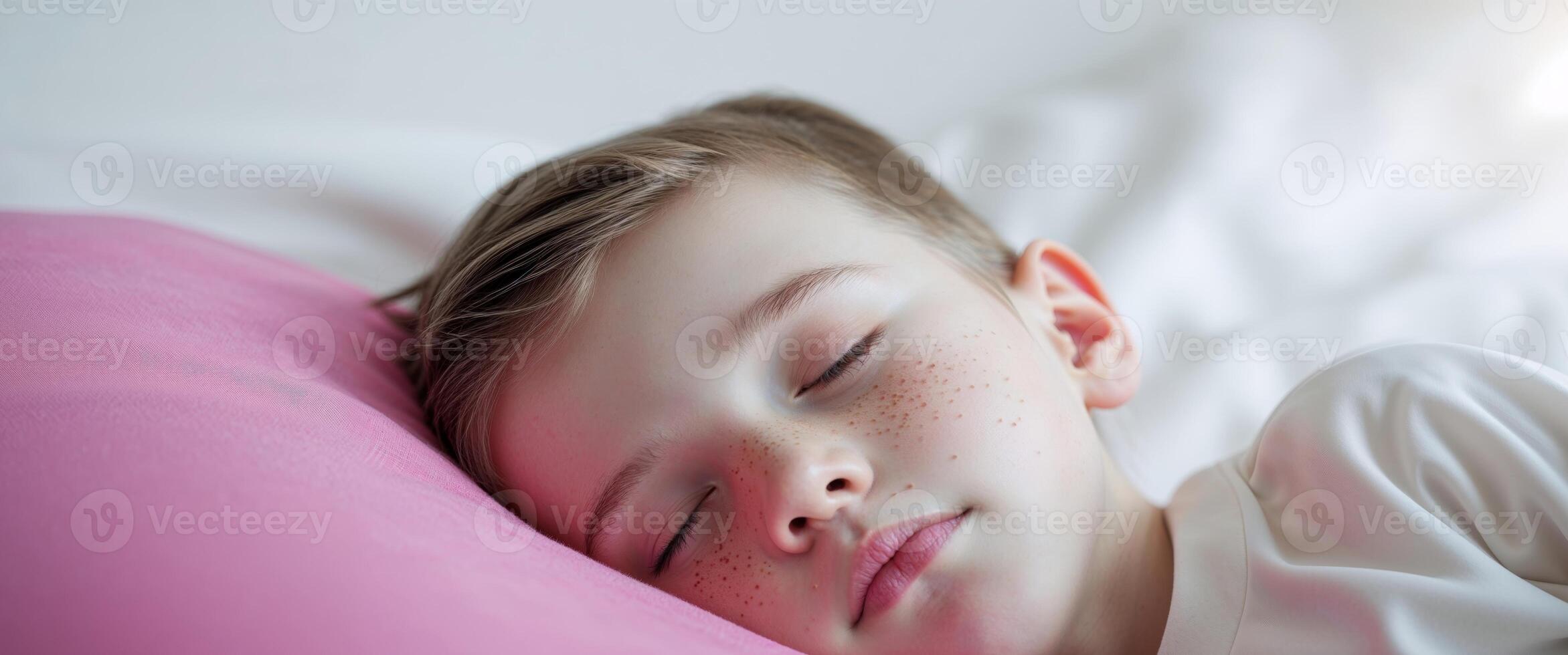 A young boy sleeping on a pink pillow photo