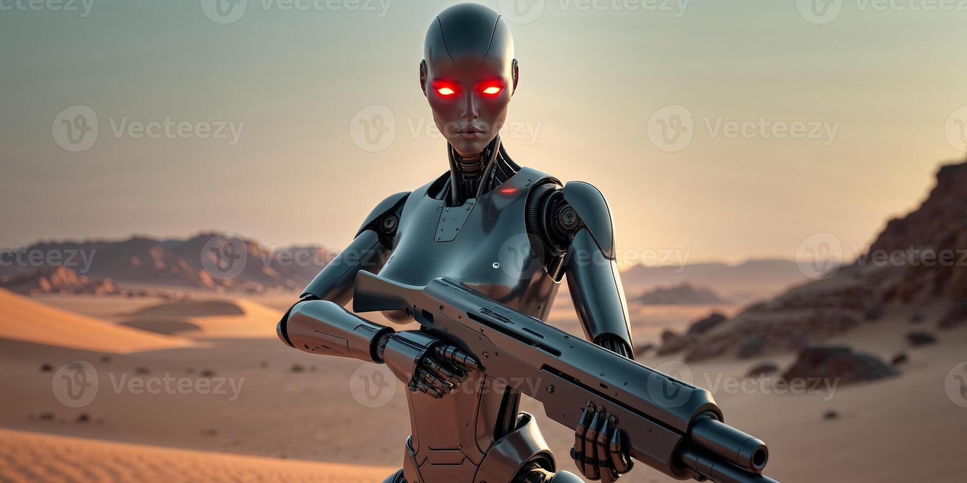 A robot with red eyes standing in the desert photo