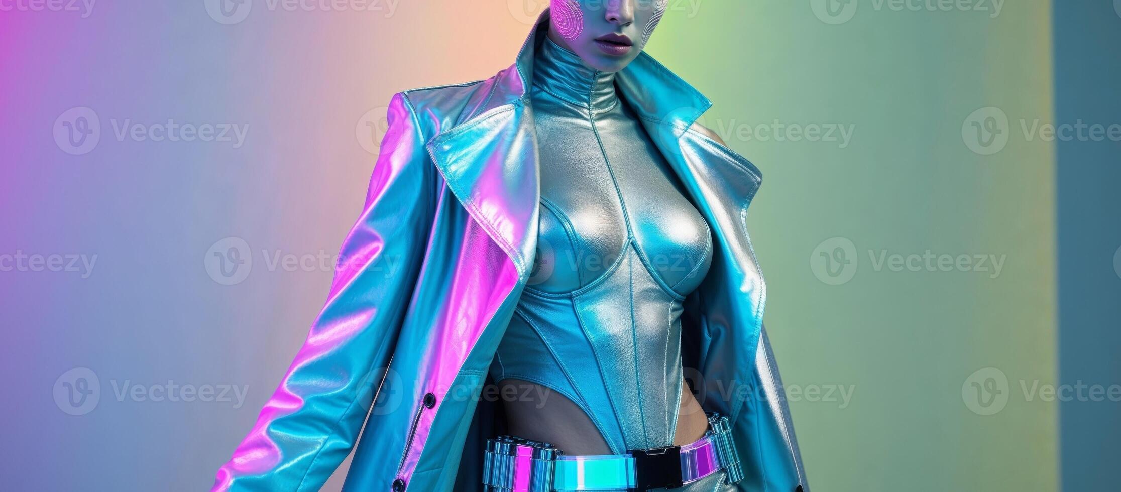 A woman in a shiny suit and a colorful background photo