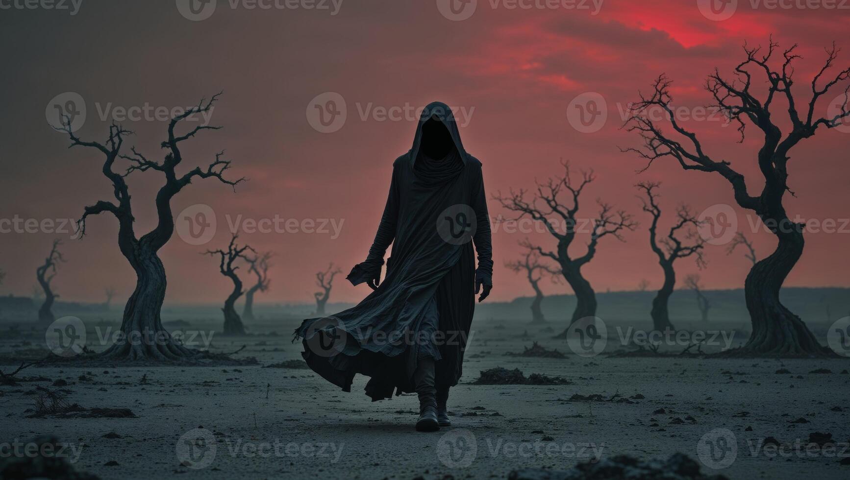 A person in a hooded robe walking through a field of dead trees photo