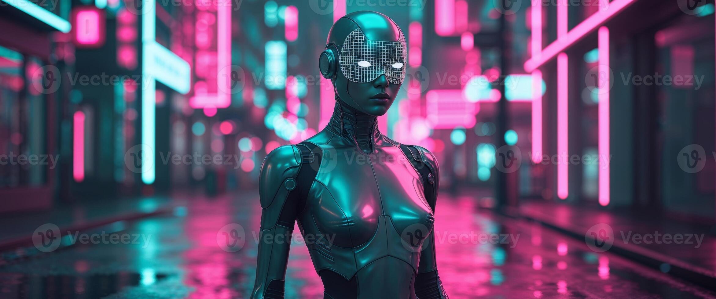 A woman in a futuristic suit standing in the middle of a city street photo