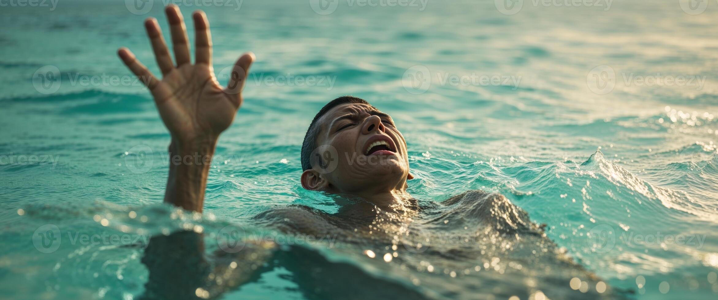 A man swimming in the ocean with his hands up photo
