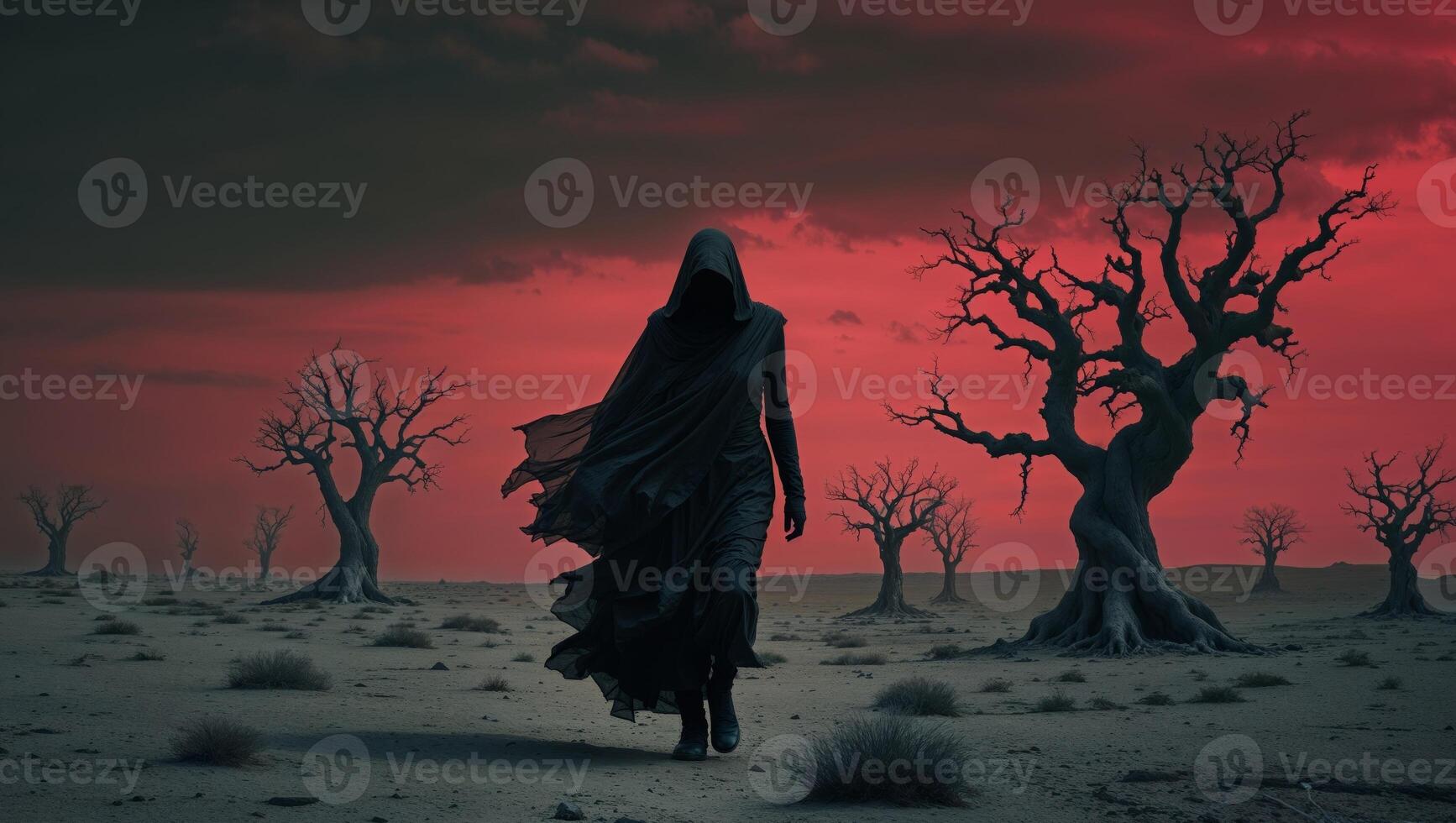 A woman in a black cloak is walking through a desert photo