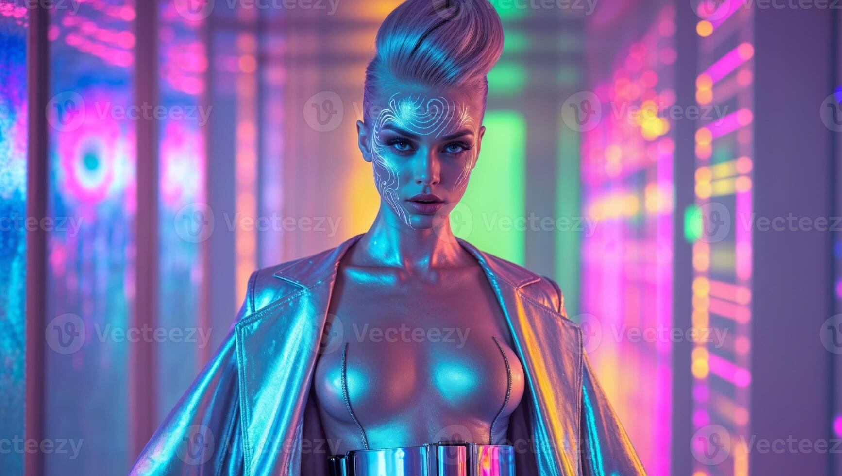 A woman in a shiny suit standing in front of a neon light photo