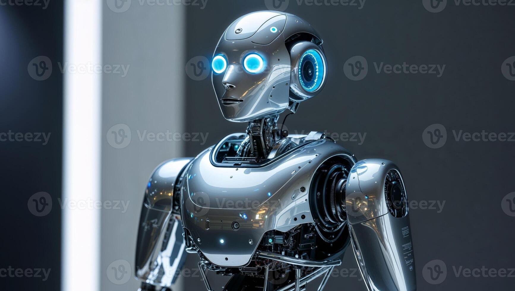 A robot with glowing eyes standing in front of a wall photo