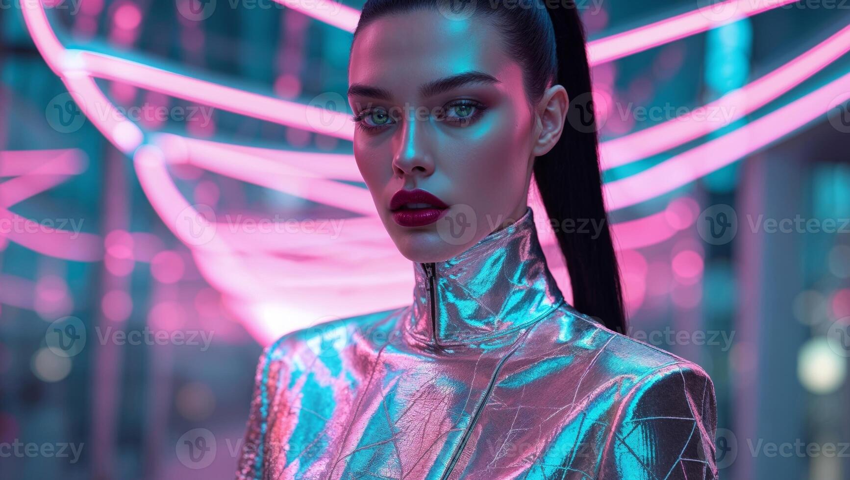 Moda modelo posando debajo neón luces vistiendo futurista metálico ropa foto