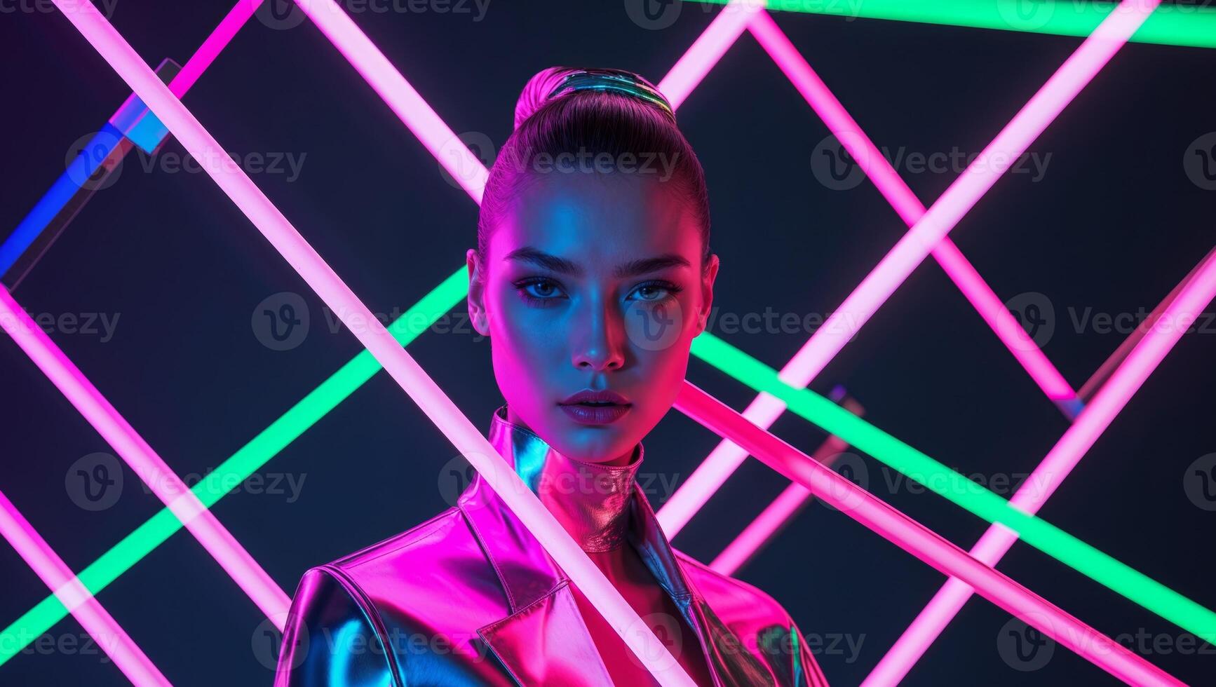 Dynamic Neon Lights on Stylish Model in Studio. photo