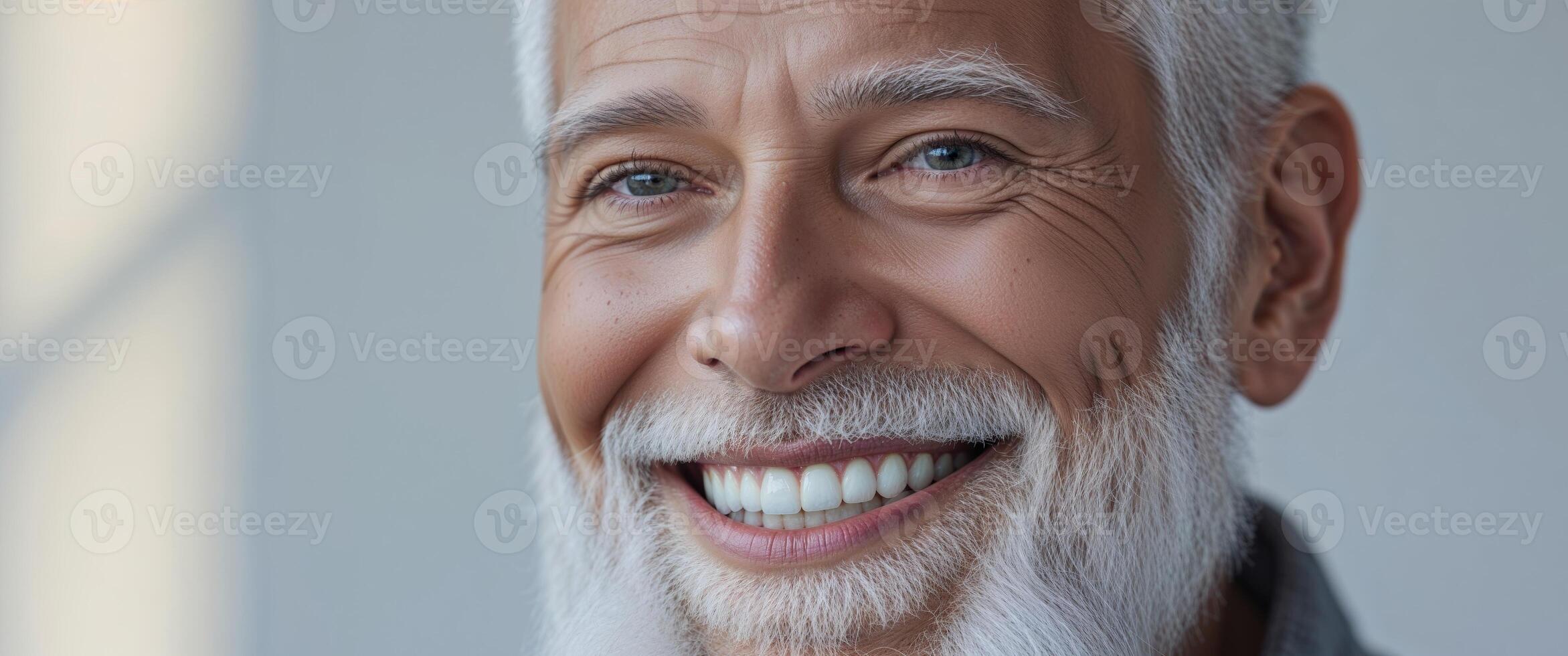 Closeup of a smiling senior man with a white beard showing perfect white teeth photo