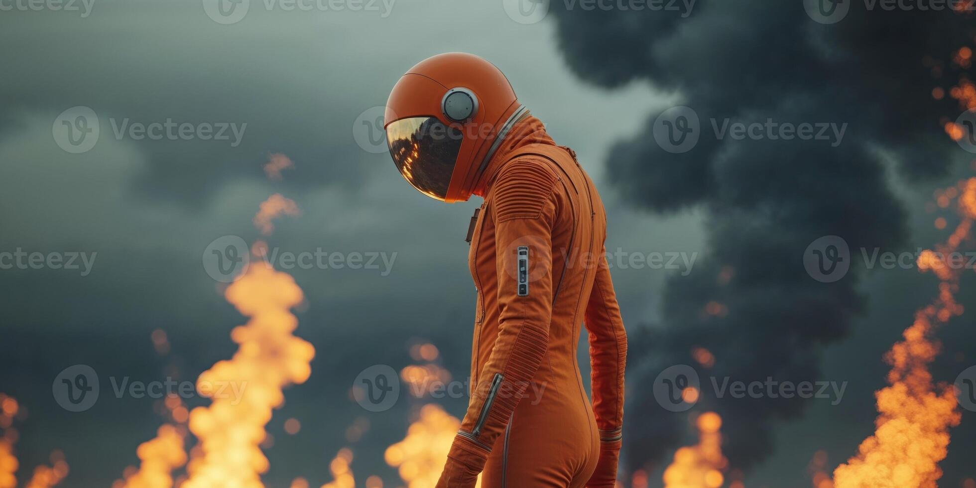 A man in an orange space suit is walking through a fiery landscape. photo