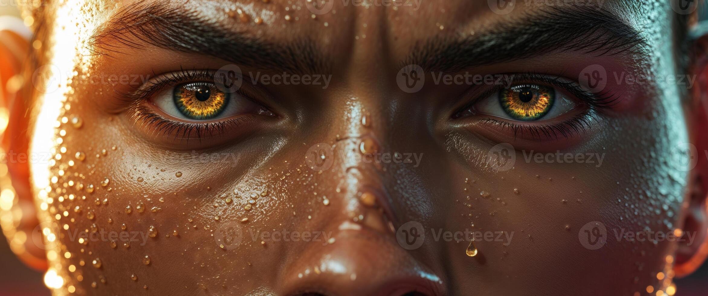 a determined athletes face in extreme macro glistening with sweat piercing eyes reflecting stadium lights dramatic shadows emphasizing raw emotion and intensity. photo