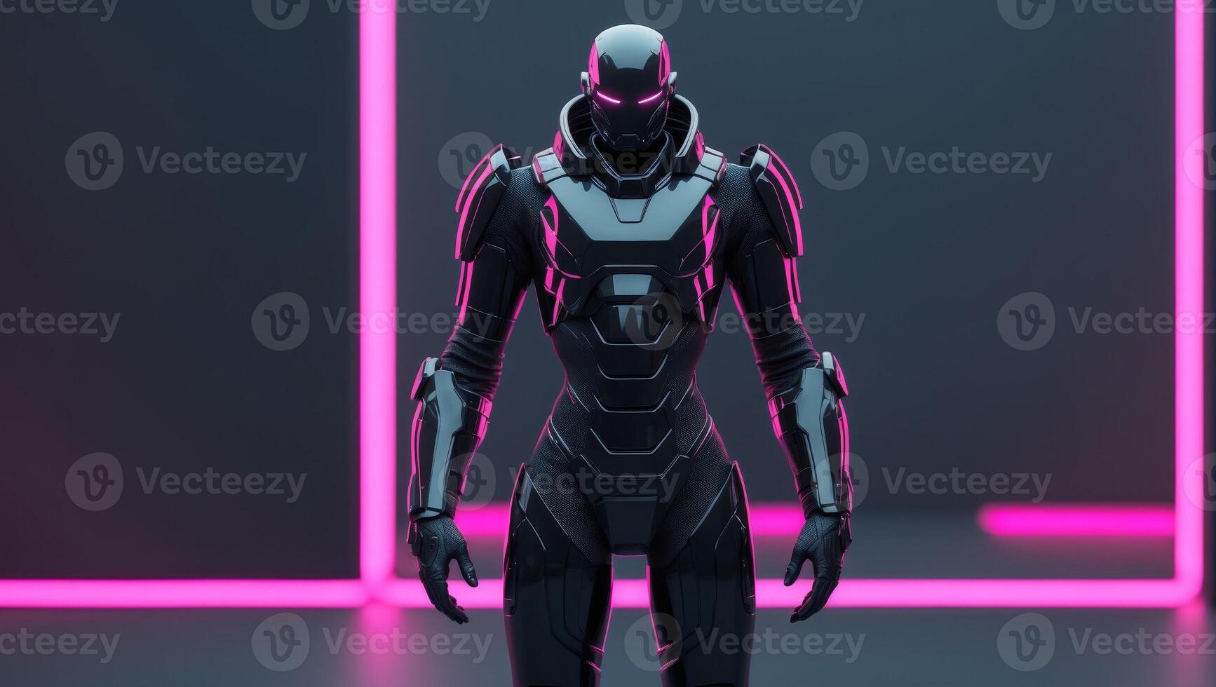 Futuristic armored figure illuminated with glowing pink accents in a dark setting demonstrating advanced technology and design aesthetics photo