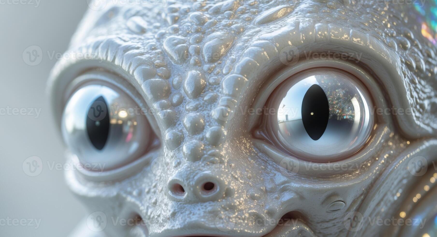 Closeup of an alien creature with reflective eyes and intricate skin textures illuminated by eerie glow. photo