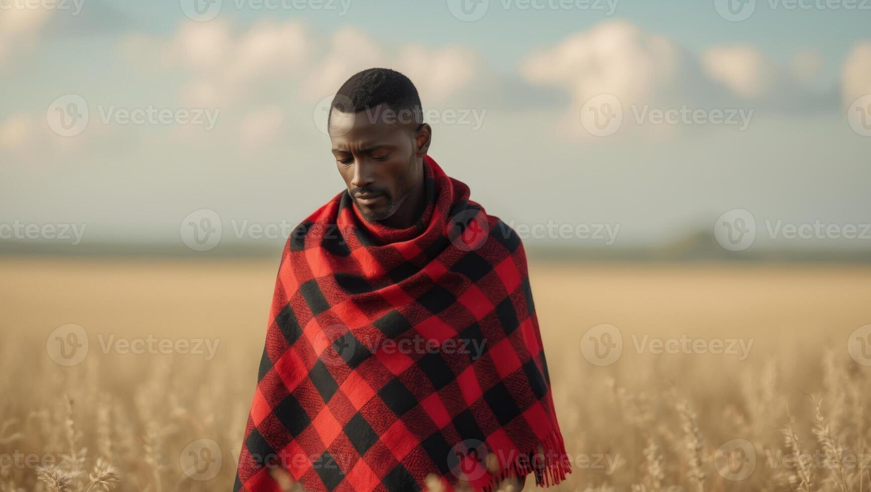 A man in a red and black checkered shawl standing in a field. photo