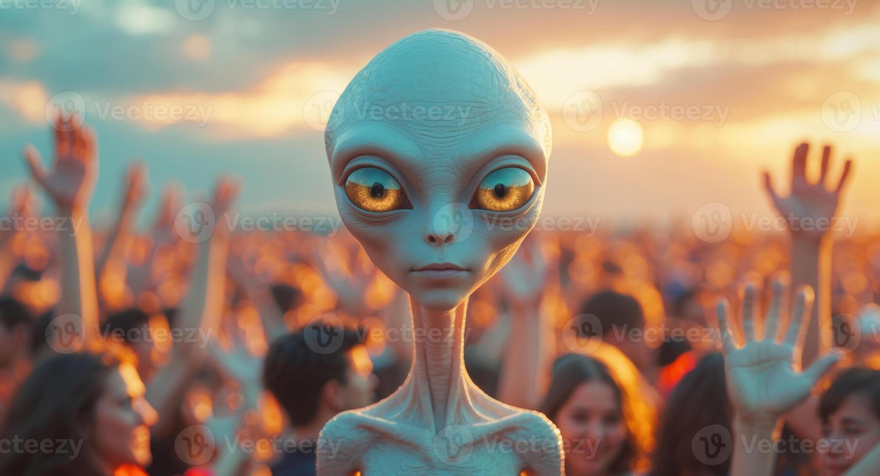 Alien figure stands amidst a crowd during a sunset event with colors reflecting in its eyes photo