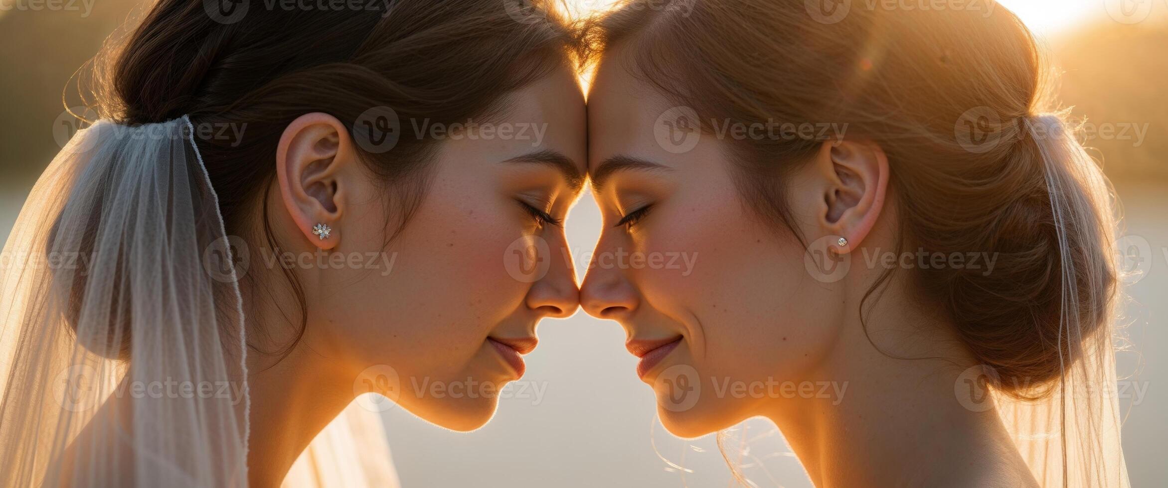 Two brides share a tender moment with foreheads touching in the golden sunset light. photo