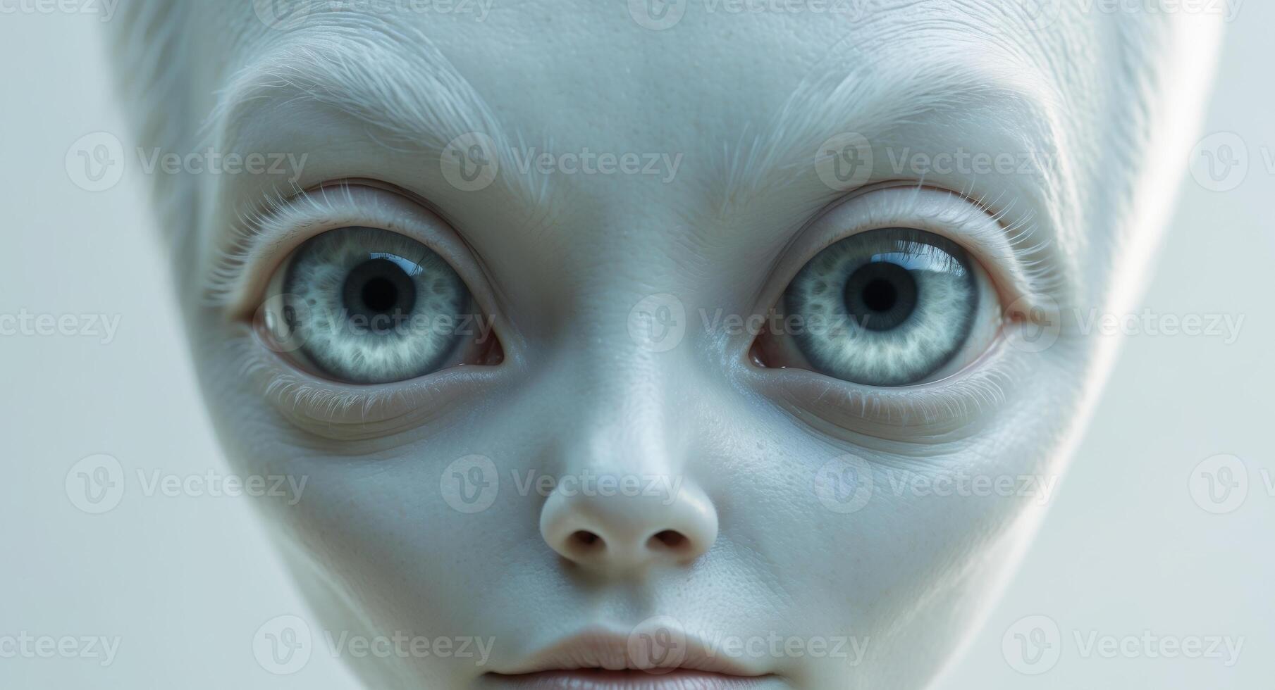A close up of an alien's face with big eyes photo