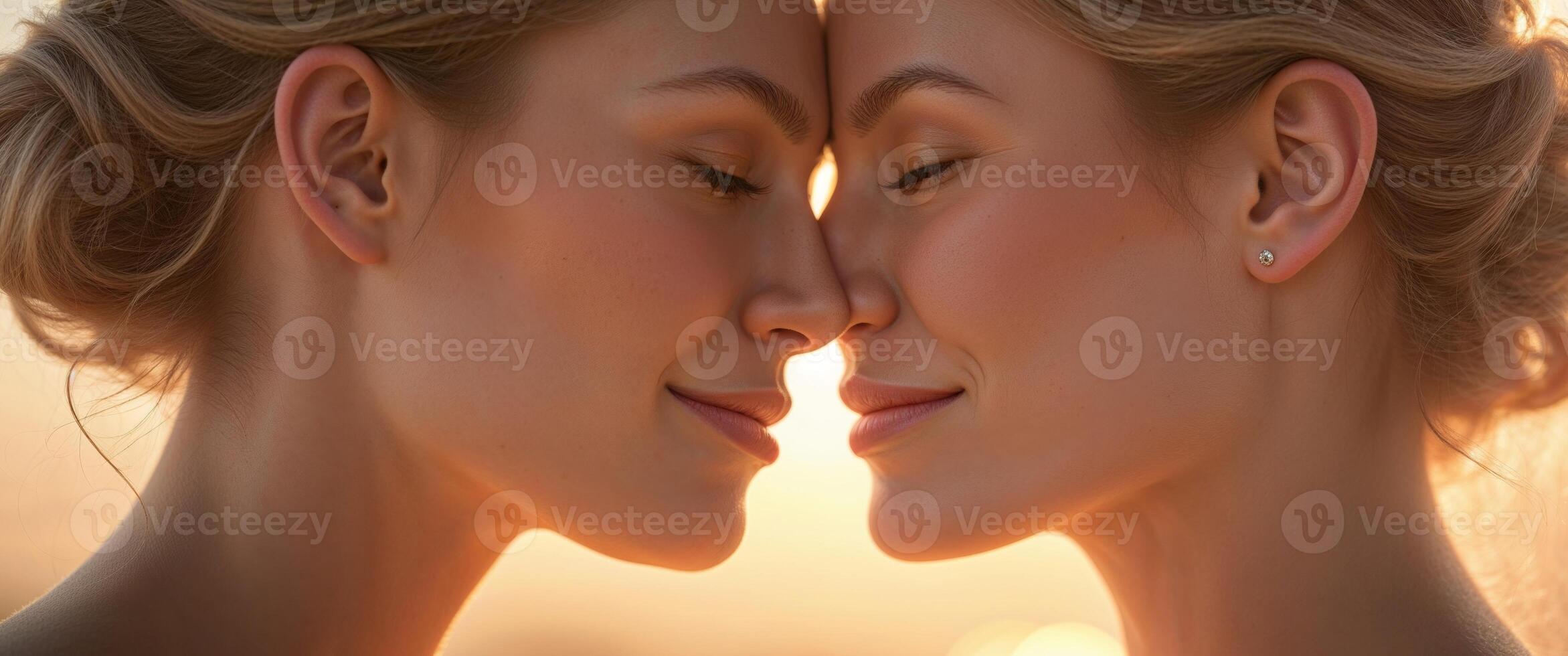 Two brides share a tender moment with foreheads touching in the golden sunset light photo
