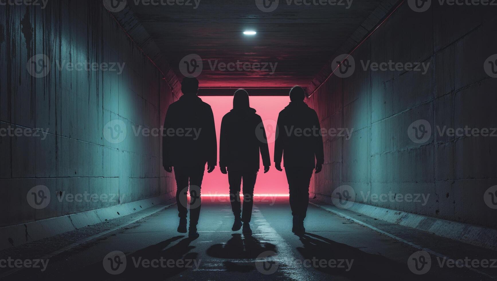 Silhouetted Figures Walking Through Urban Tunnel with Bright Exit Light at End of Passage photo
