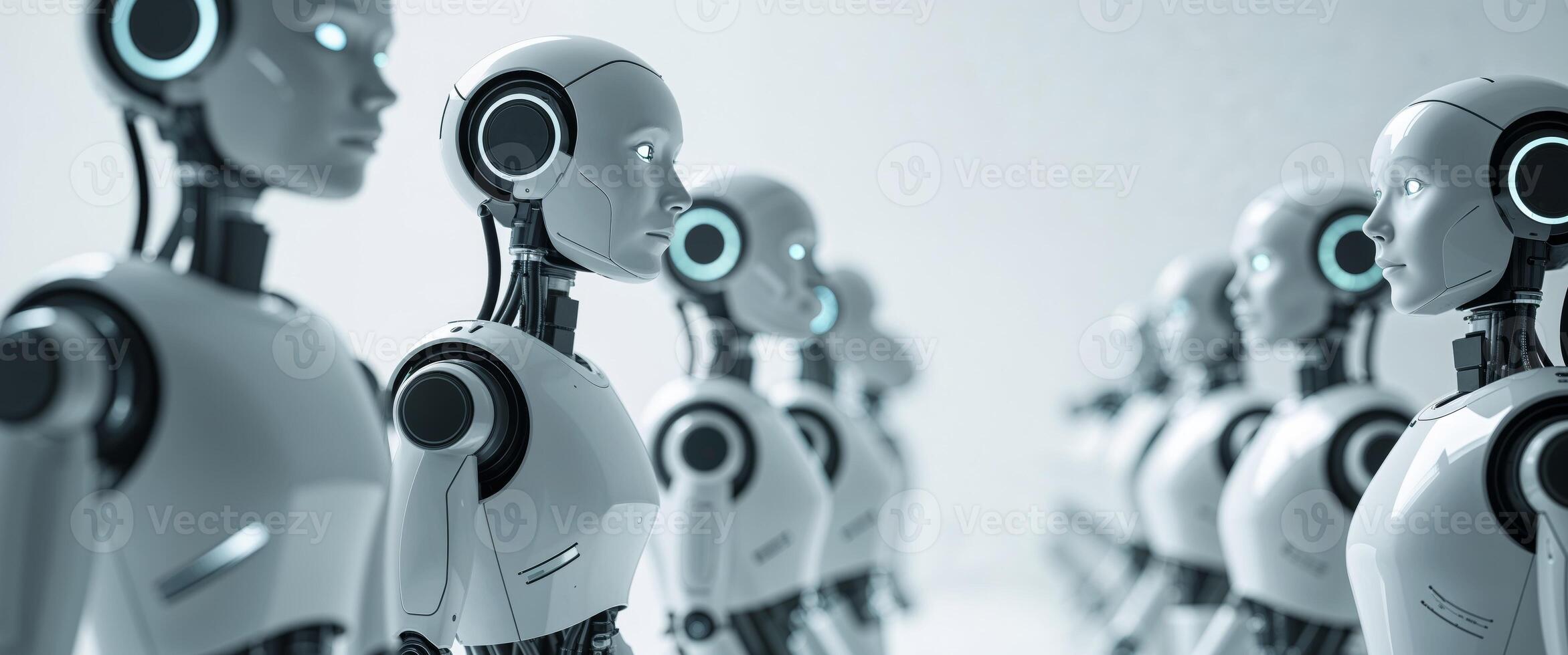 Robots Standing in a Row Futuristic Technology and Artificial Intelligence Concept. photo