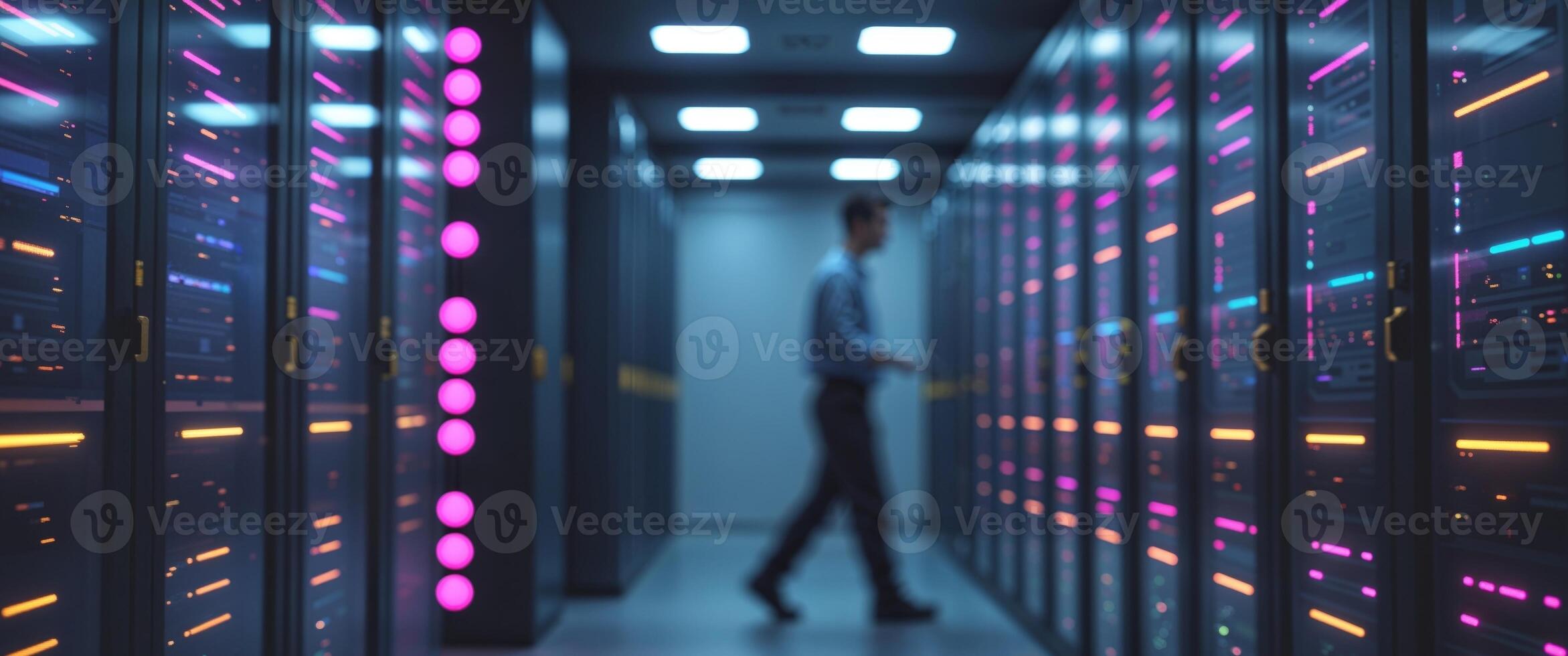Server room hallway at night with motion blur photo