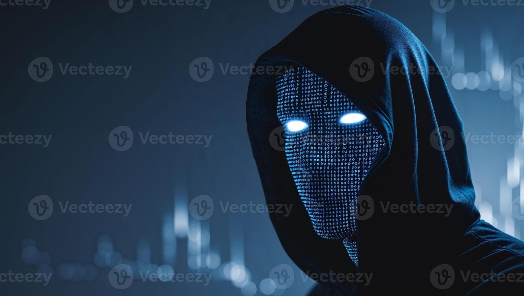 Mysterious Hacker in Hood with Digital Code Reflected. photo