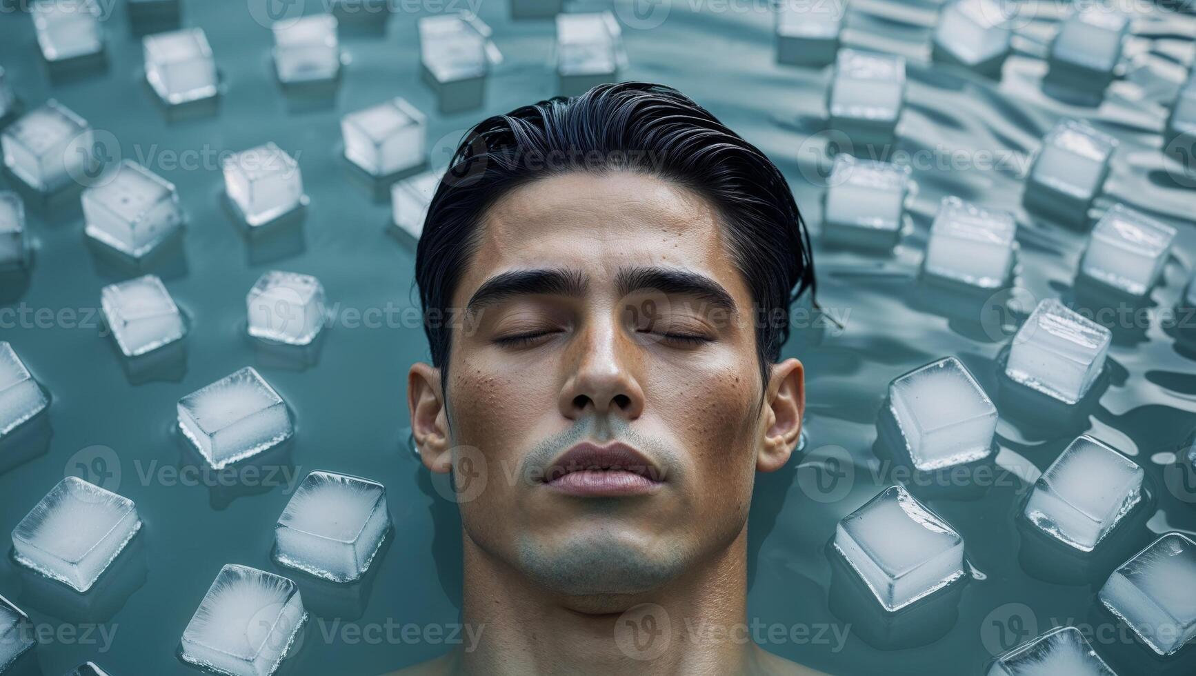 A man is floating in water with ice cubes photo