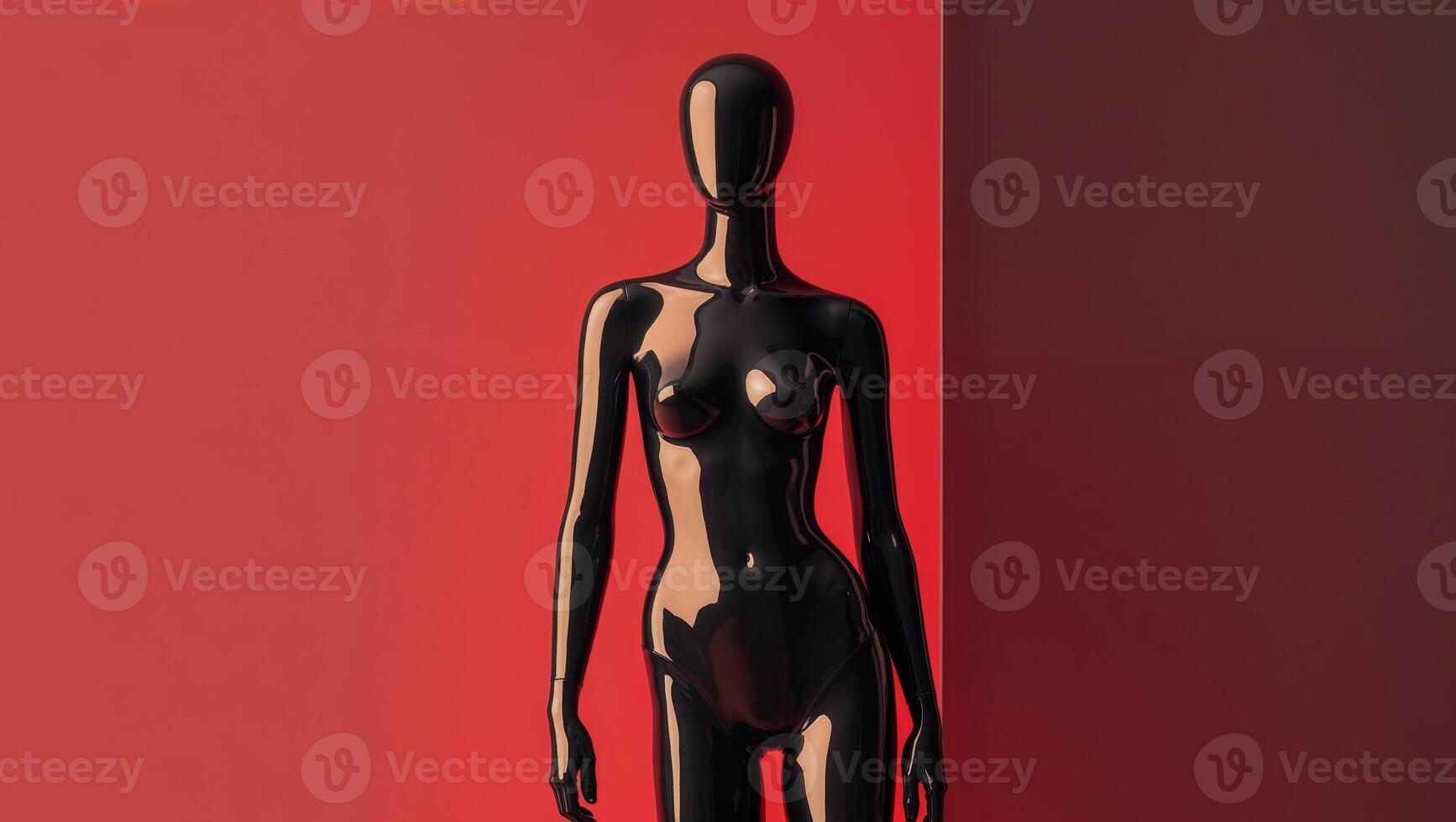 A black mannequin standing in front of a red wall photo