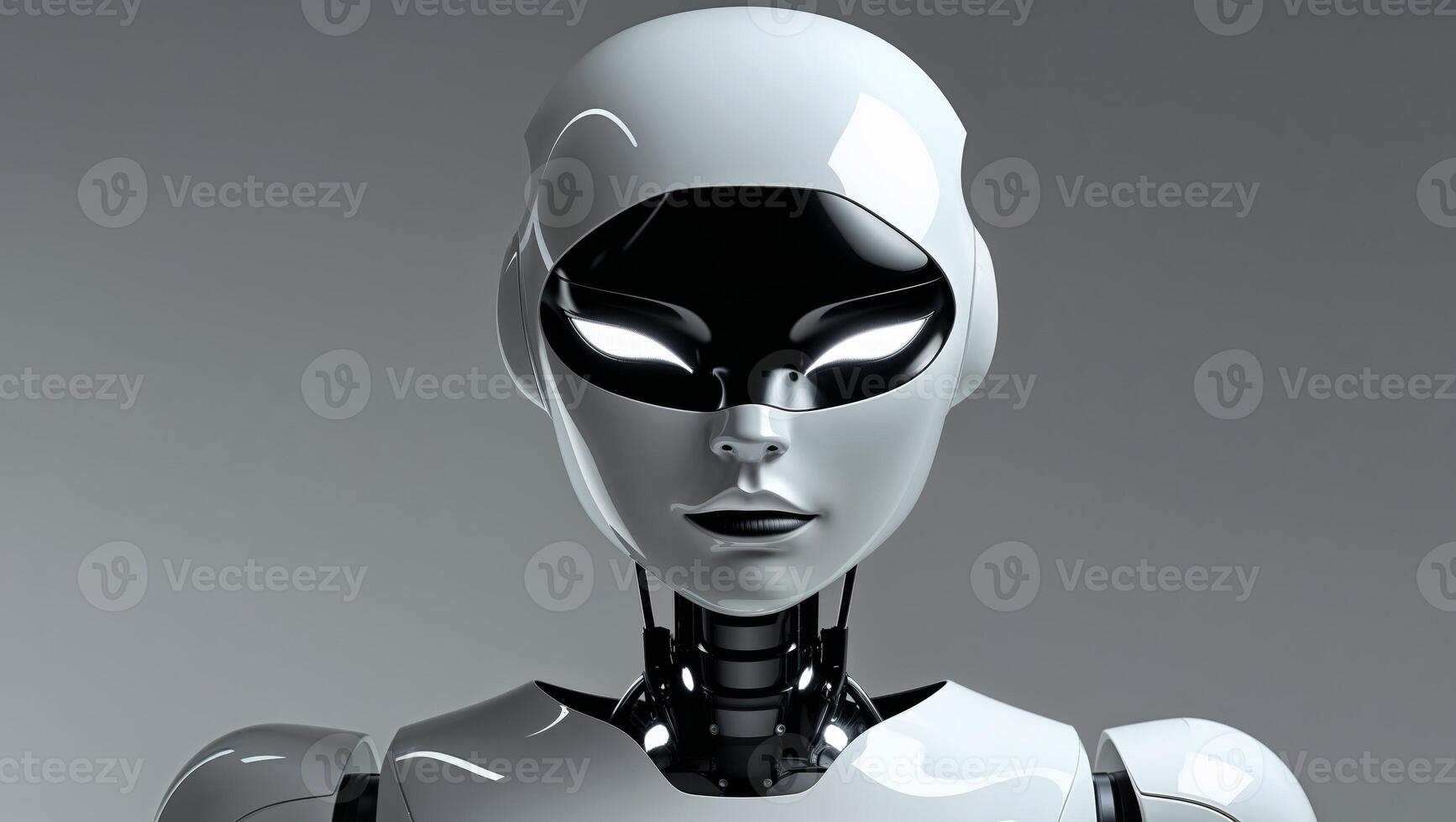A robot with glowing eyes and a white face photo