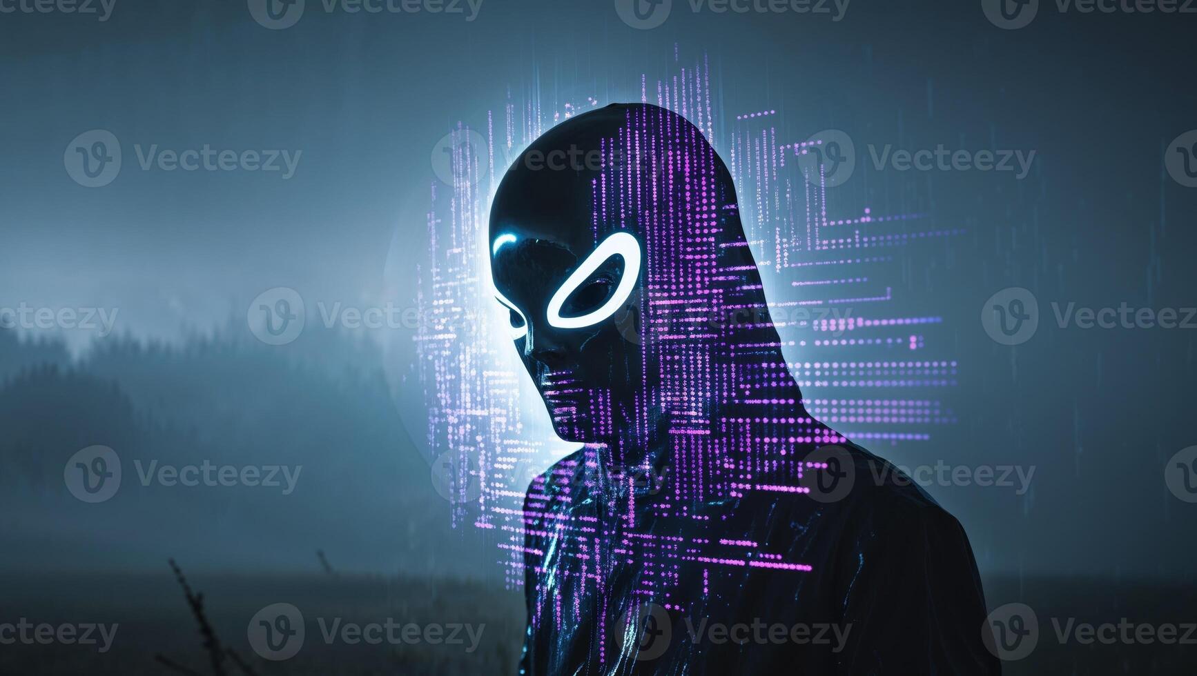 A man in a black hood with glowing eyes photo