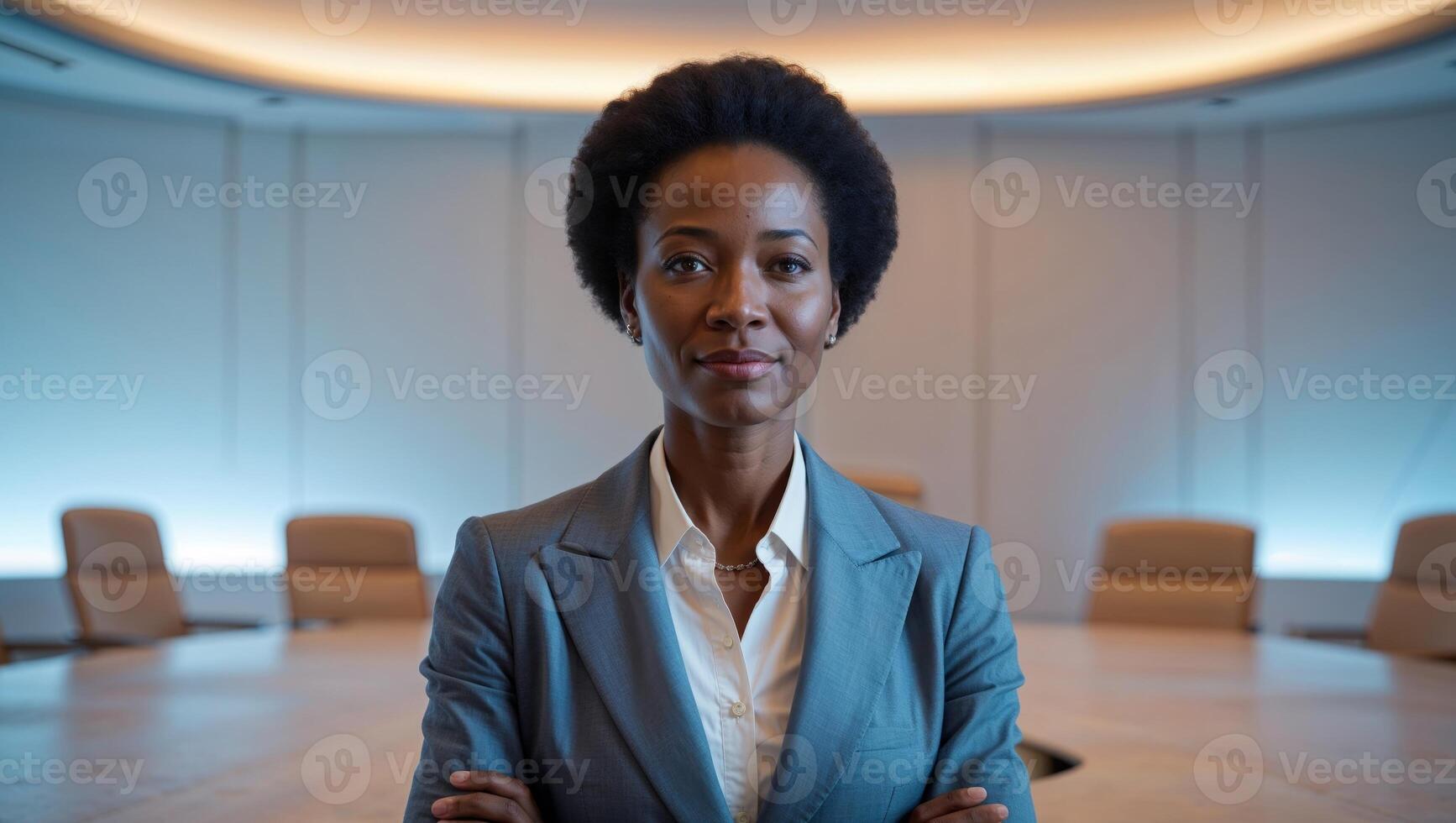 A woman in a business suit standing in front of a conference table photo
