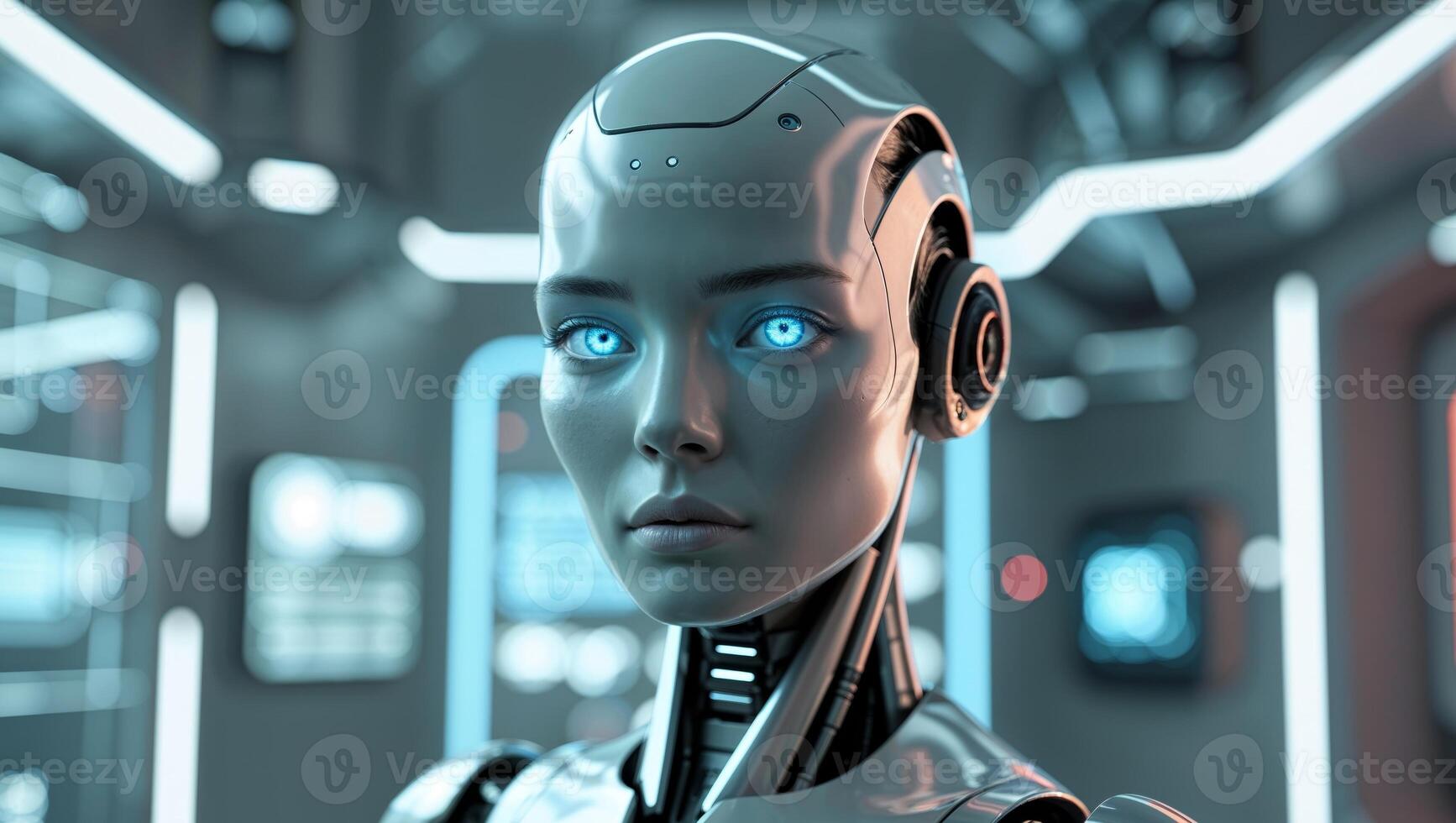 A robot with blue eyes and a futuristic look photo