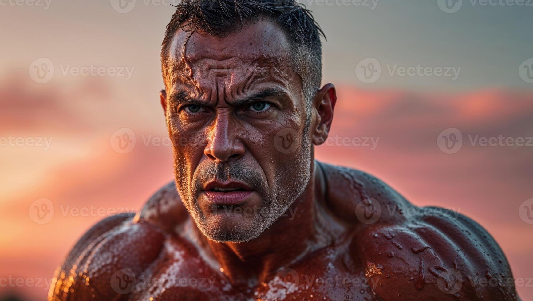 A man with a bodybuilde is looking at the camera photo
