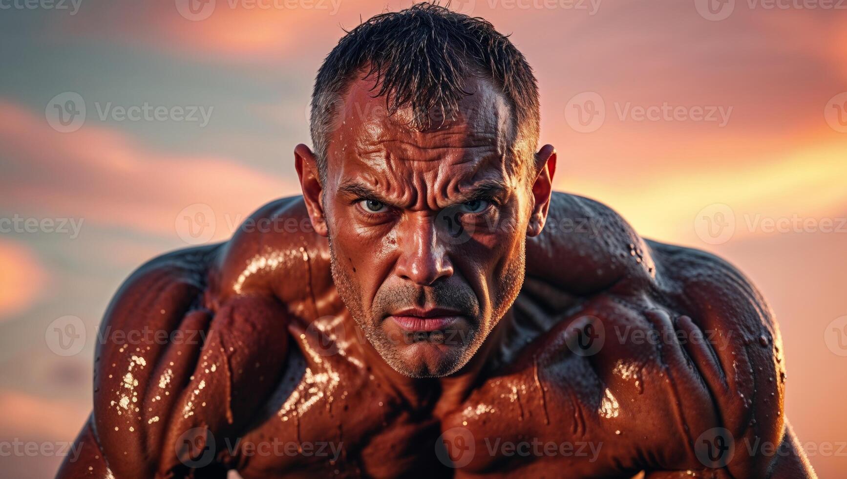 A man with a muscular body is posing for the camera photo